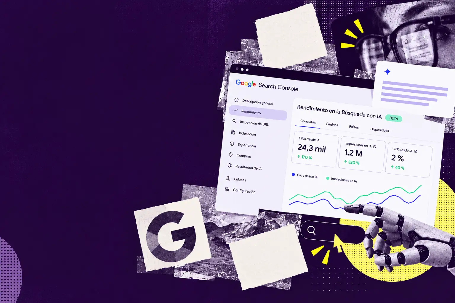 Ilustración editorial de Google Search Console con un informe de rendimiento en búsquedas con IA generativa, métricas de clics, impresiones y CTR, acompañada de gráficos, una mano robótica y elementos visuales asociados a Google y SEO.