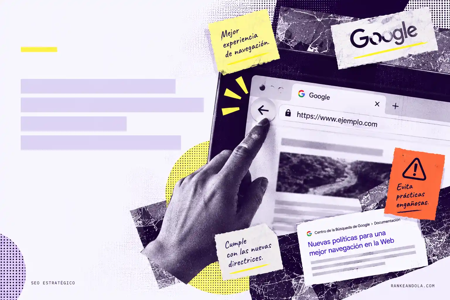 Ilustración sobre las nuevas políticas de Google contra prácticas engañosas de navegación, con un usuario pulsando el botón atrás del navegador y avisos sobre experiencia de usuario y cumplimiento de directrices.