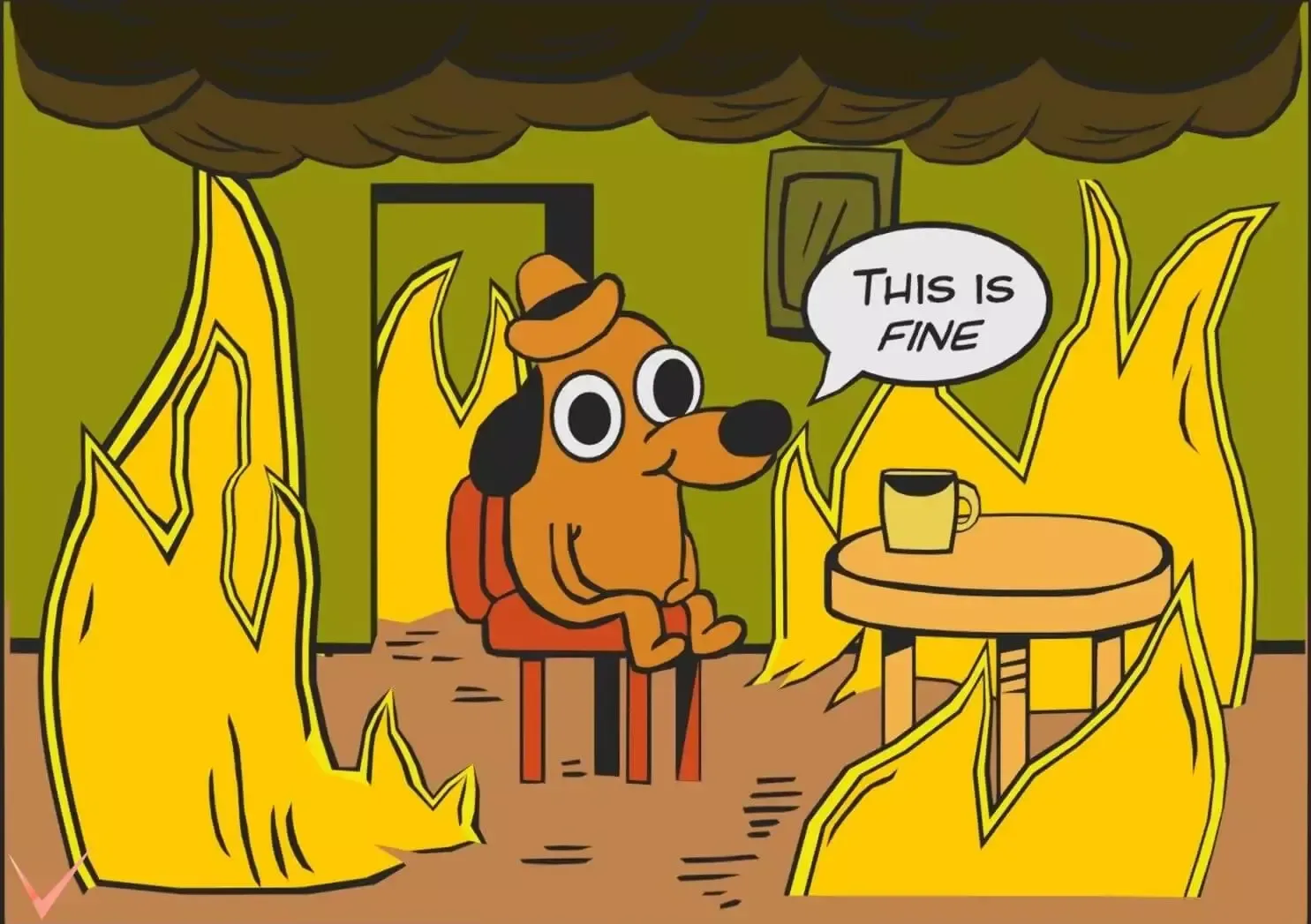 Meme “This is fine” con un perro sentado tranquilamente mientras la habitación a su alrededor está en llamas