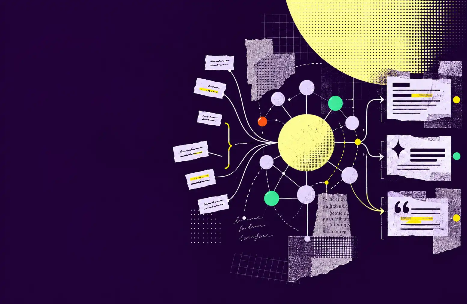 Ilustración editorial sobre keyword research evolucionado con palabras clave conectadas a una red de entidades, relaciones semánticas y diferentes tipos de resultados de búsqueda.