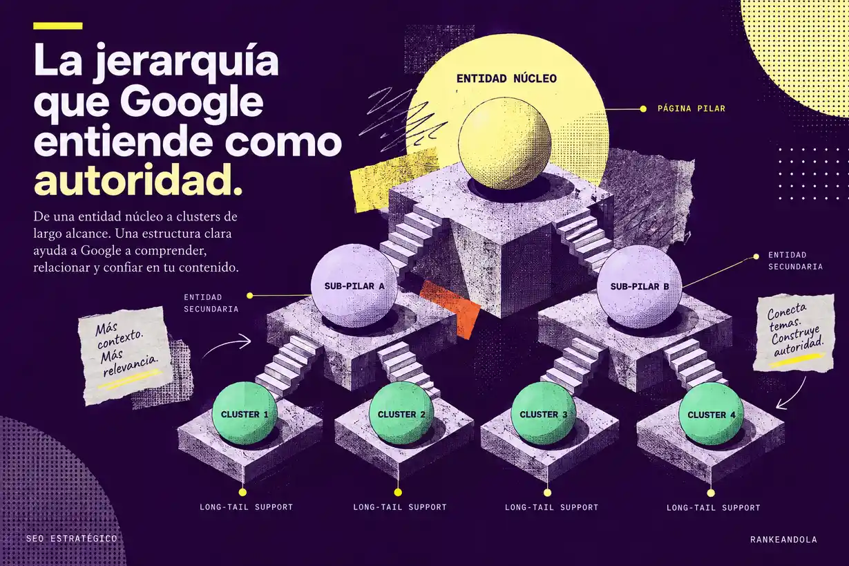 Diagrama de arquitectura de contenidos con una entidad núcleo conectada a páginas subpilar y clusters temáticos para construir contexto, relevancia y autoridad semántica.