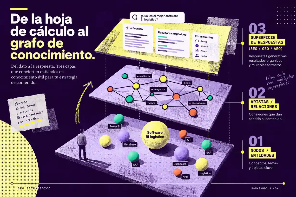 Diagrama de tres capas que conecta entidades, relaciones semánticas y superficies de respuesta para transformar datos en un grafo de conocimiento útil para SEO, GEO y AEO.
