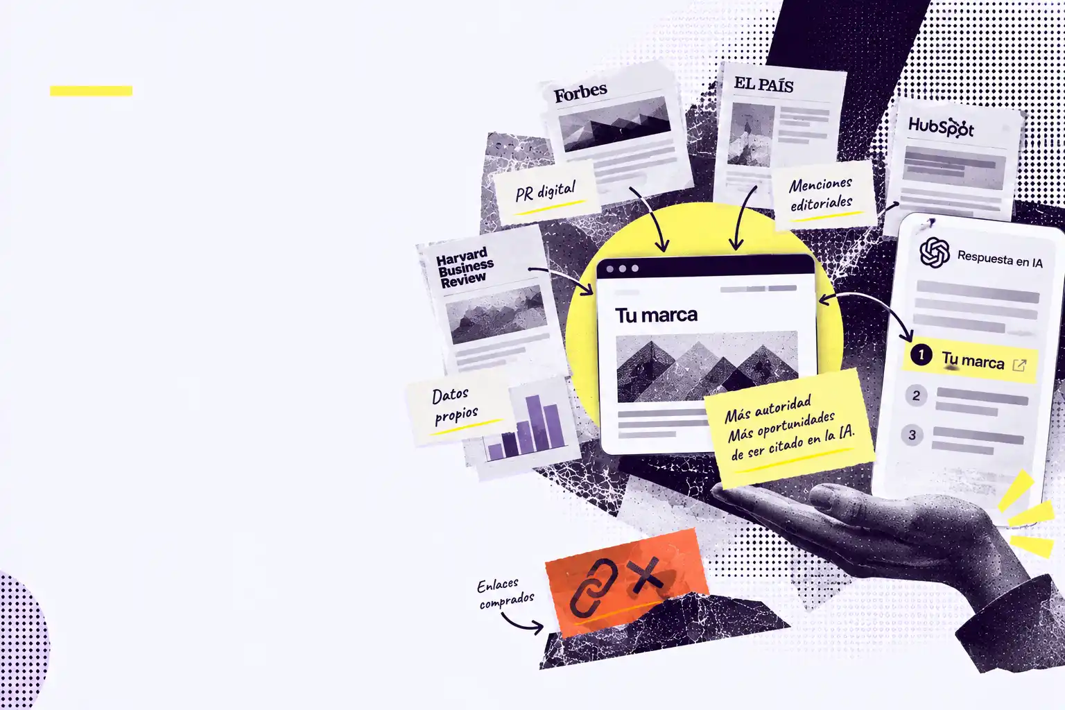 Ilustración editorial sobre linkbuilding y PR digital, con menciones en medios, datos propios y enlaces editoriales que refuerzan la autoridad de marca y sus oportunidades de ser citada por motores de IA.