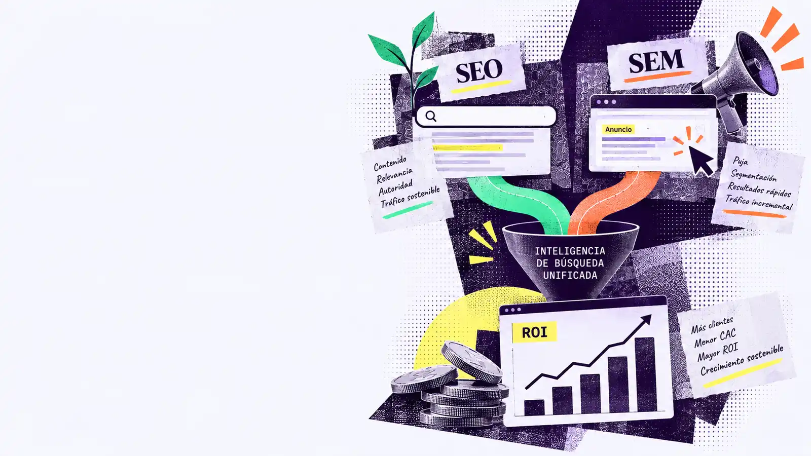 Ilustración editorial que muestra la integración de SEO y SEM en una estrategia de búsqueda unificada para aumentar clientes, reducir el CAC y maximizar el ROI.