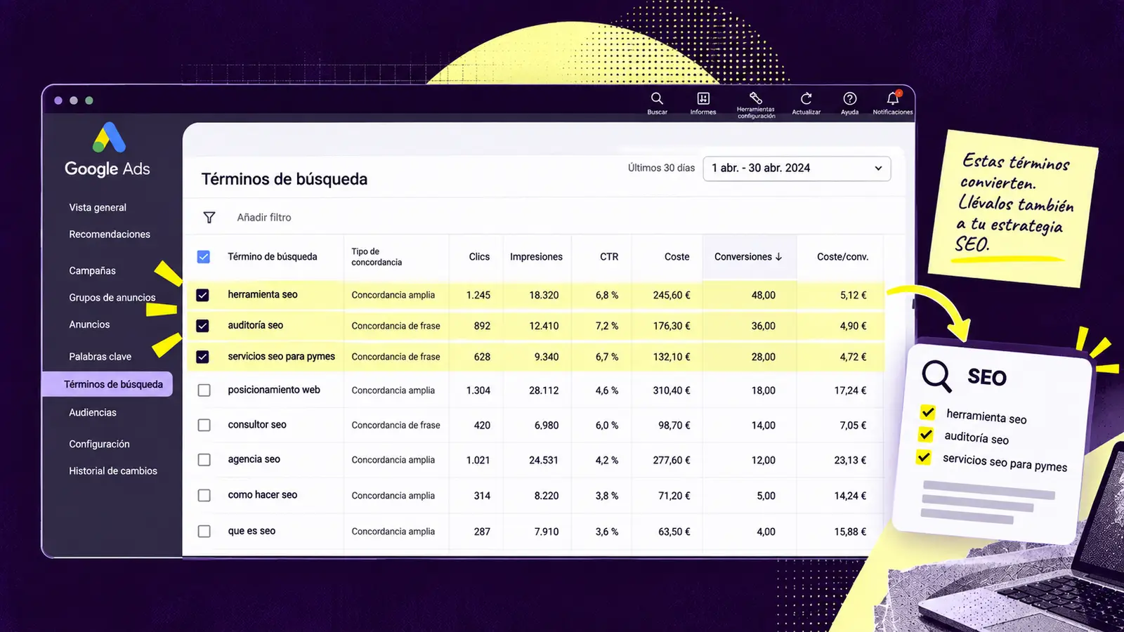 Captura ilustrada del informe de términos de búsqueda de Google Ads con consultas de alta conversión destacadas para incorporarlas a la estrategia SEO.