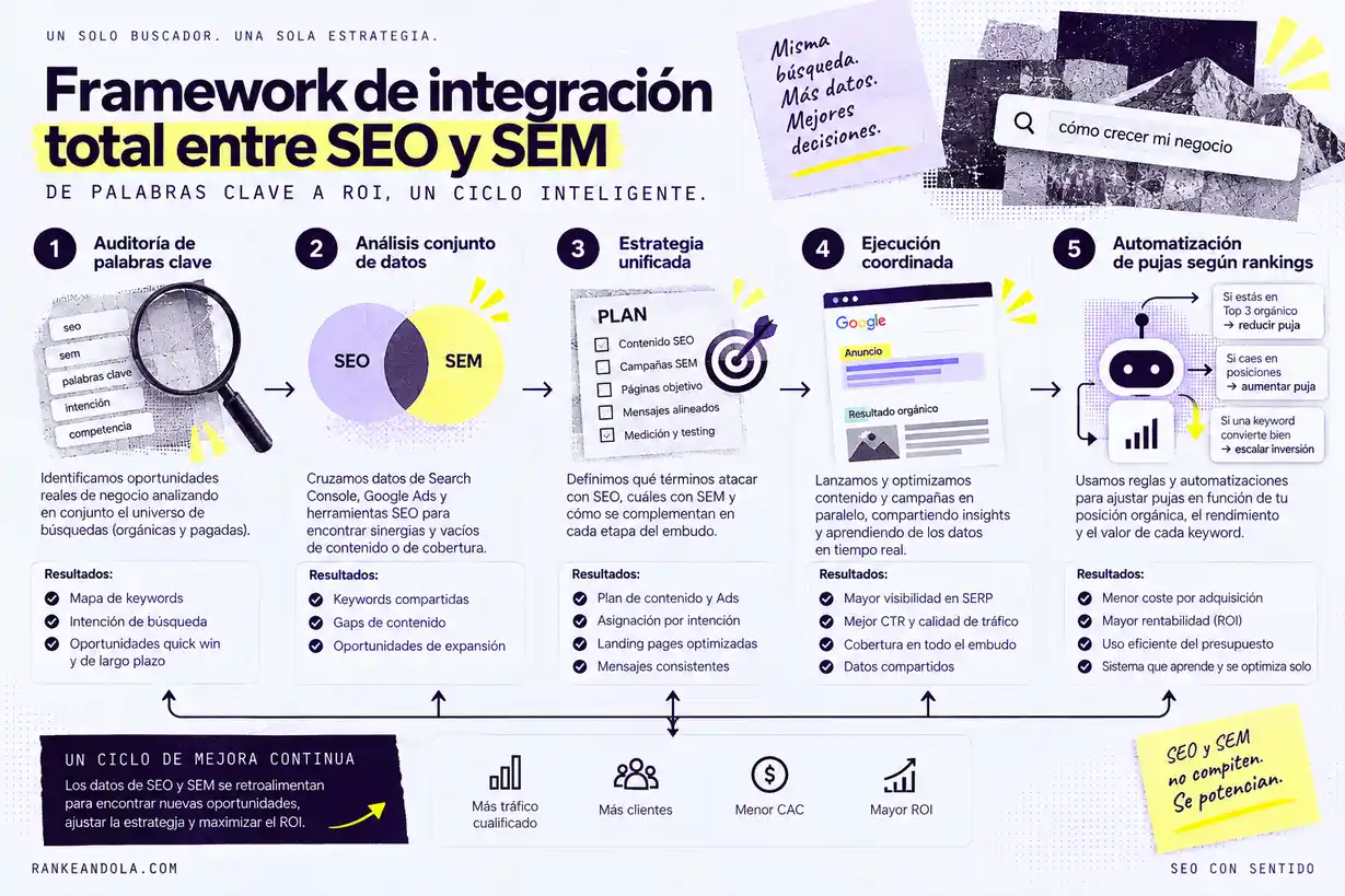 Diagrama del framework de integración entre SEO y SEM, desde la auditoría de palabras clave y el análisis conjunto de datos hasta la ejecución coordinada y automatización de pujas según rankings orgánicos.