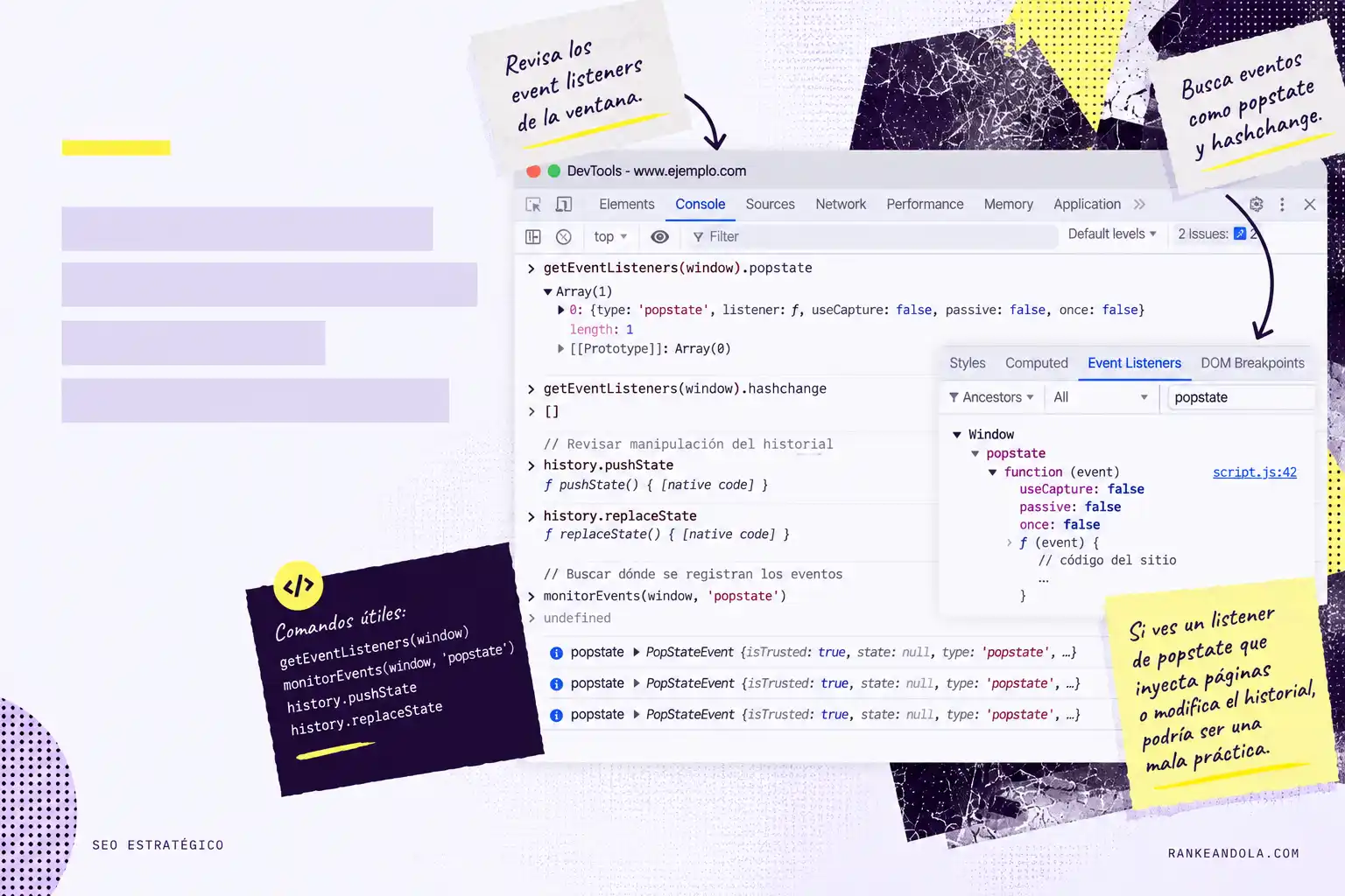 Captura de Chrome DevTools que muestra cómo detectar el secuestro del botón atrás revisando eventos popstate, hashchange y modificaciones de la API History como pushState y replaceState.