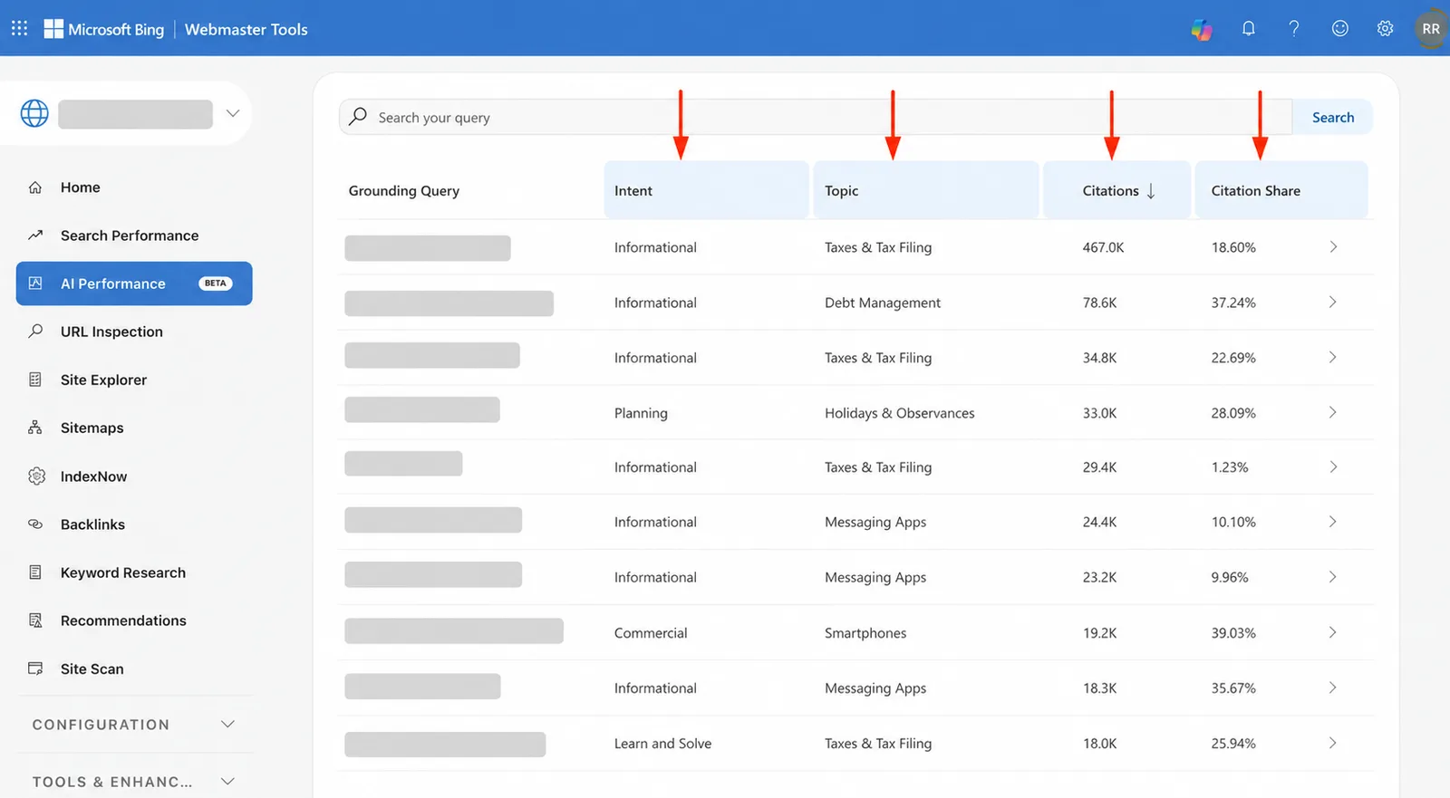 Captura de Microsoft Bing Webmaster Tools en la sección AI Performance, con el nombre del sitio y la columna de consultas ocultos por privacidad, mientras una flecha roja señala la columna “Intent”, donde se clasifican las búsquedas por intención como Informational, Planning, Commercial y Learn and Solve.