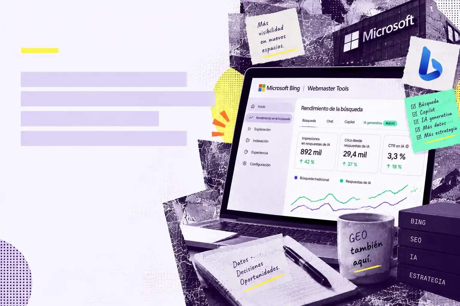 Ilustración de Bing Webmaster Tools mostrando métricas de rendimiento y visibilidad en respuestas de IA para analizar la estrategia GEO, SEO y búsqueda generativa.