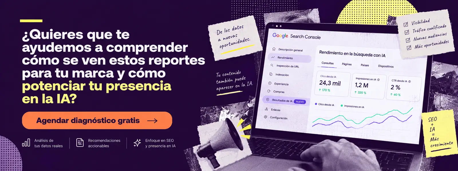Banner de diagnóstico SEO e IA con Google Search Console mostrando métricas de clics, impresiones y CTR en búsquedas con IA, orientado a analizar la visibilidad de una marca y potenciar su presencia en inteligencia artificial.