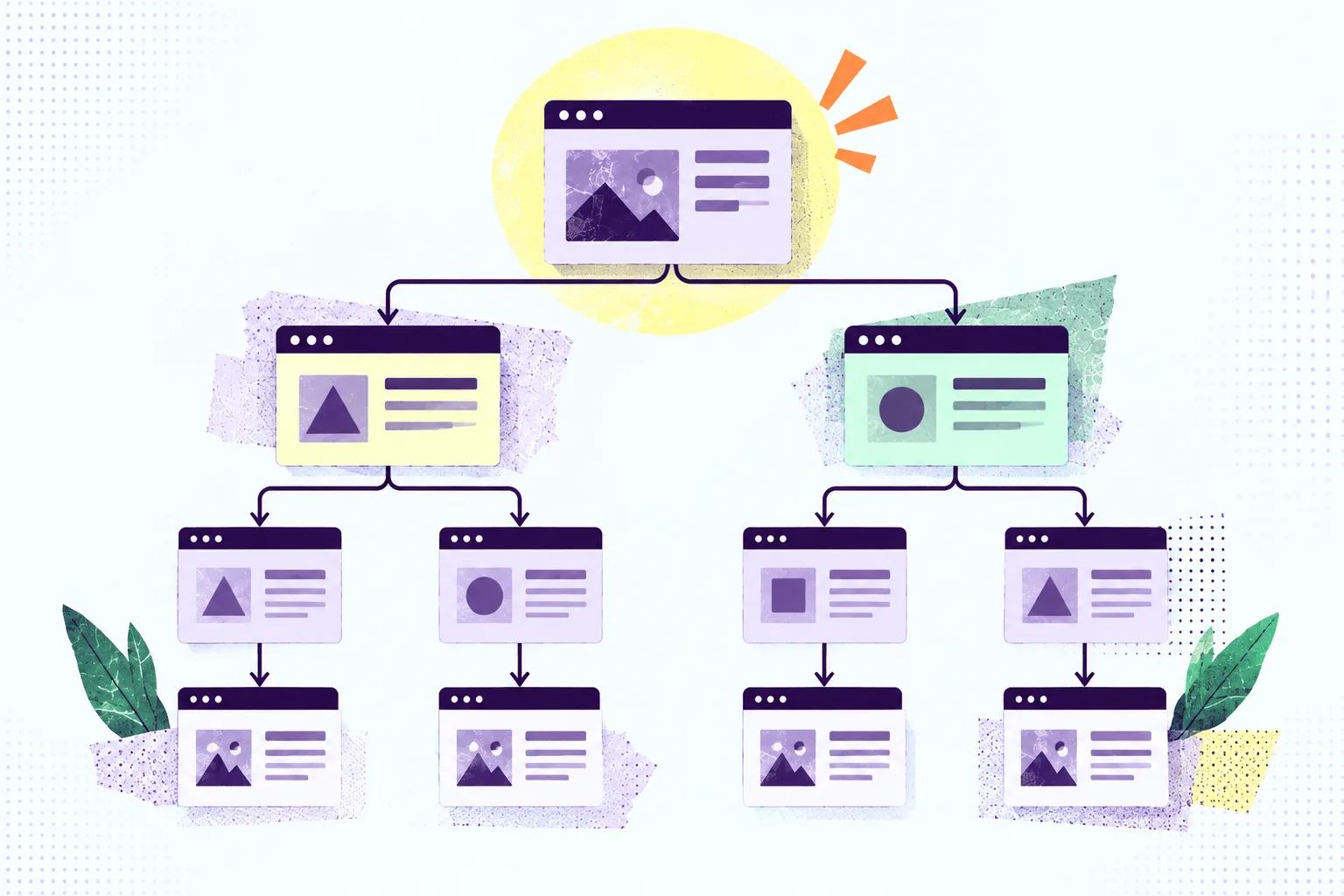 Diagrama jerárquico de arquitectura web con la Home como nivel principal, conectada a categorías, subcategorías y páginas internas mediante enlaces, mostrando una estructura clara y rastreable para usuarios y motores de búsqueda.