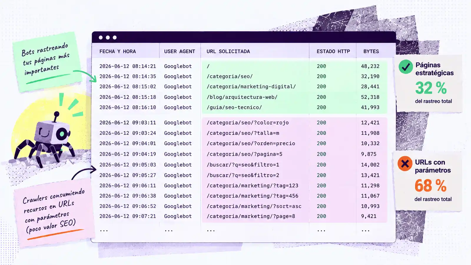 Análisis de logs de Googlebot que compara el rastreo de páginas estratégicas con URLs que contienen parámetros, mostrando que el 32 % del rastreo se destina a páginas relevantes y el 68 % a URLs parametrizadas de poco valor SEO.