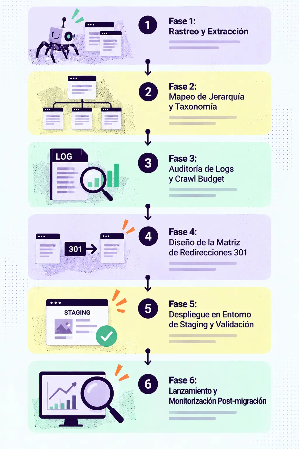 Diagrama de seis fases para una migración SEO: rastreo y extracción, mapeo de jerarquía y taxonomía, auditoría de logs y crawl budget, matriz de redirecciones 301, validación en staging y monitorización post-migración.