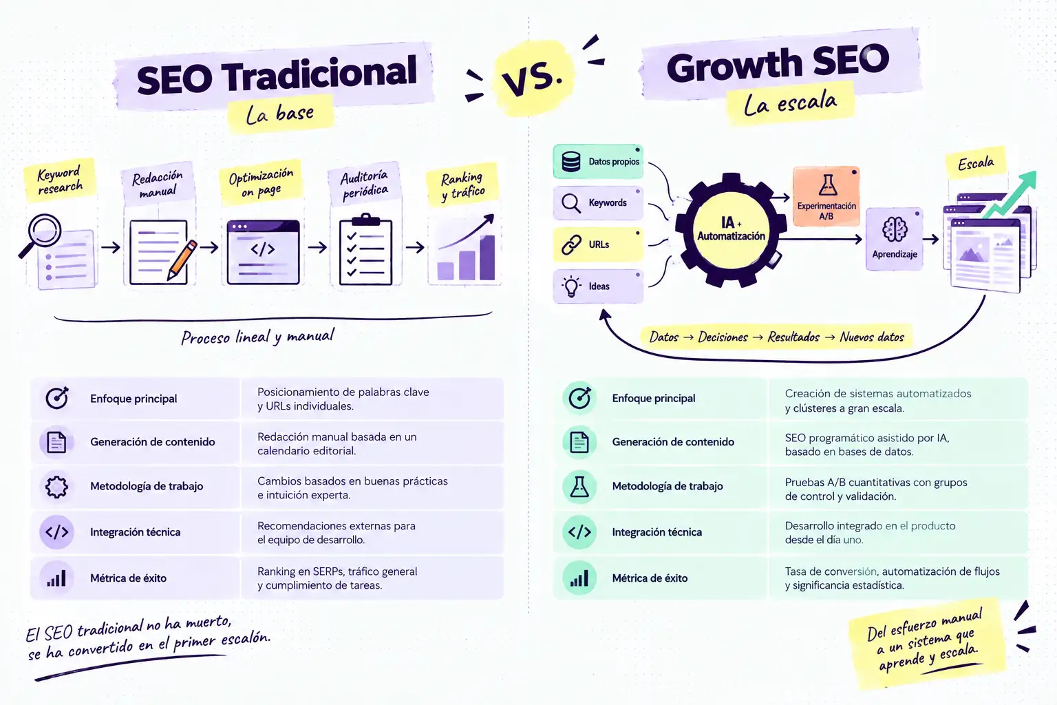 Comparativa entre SEO tradicional y Growth SEO: el primero sigue un proceso principalmente manual y lineal, mientras el segundo integra datos, IA, automatización, experimentación A/B y aprendizaje para escalar resultados.