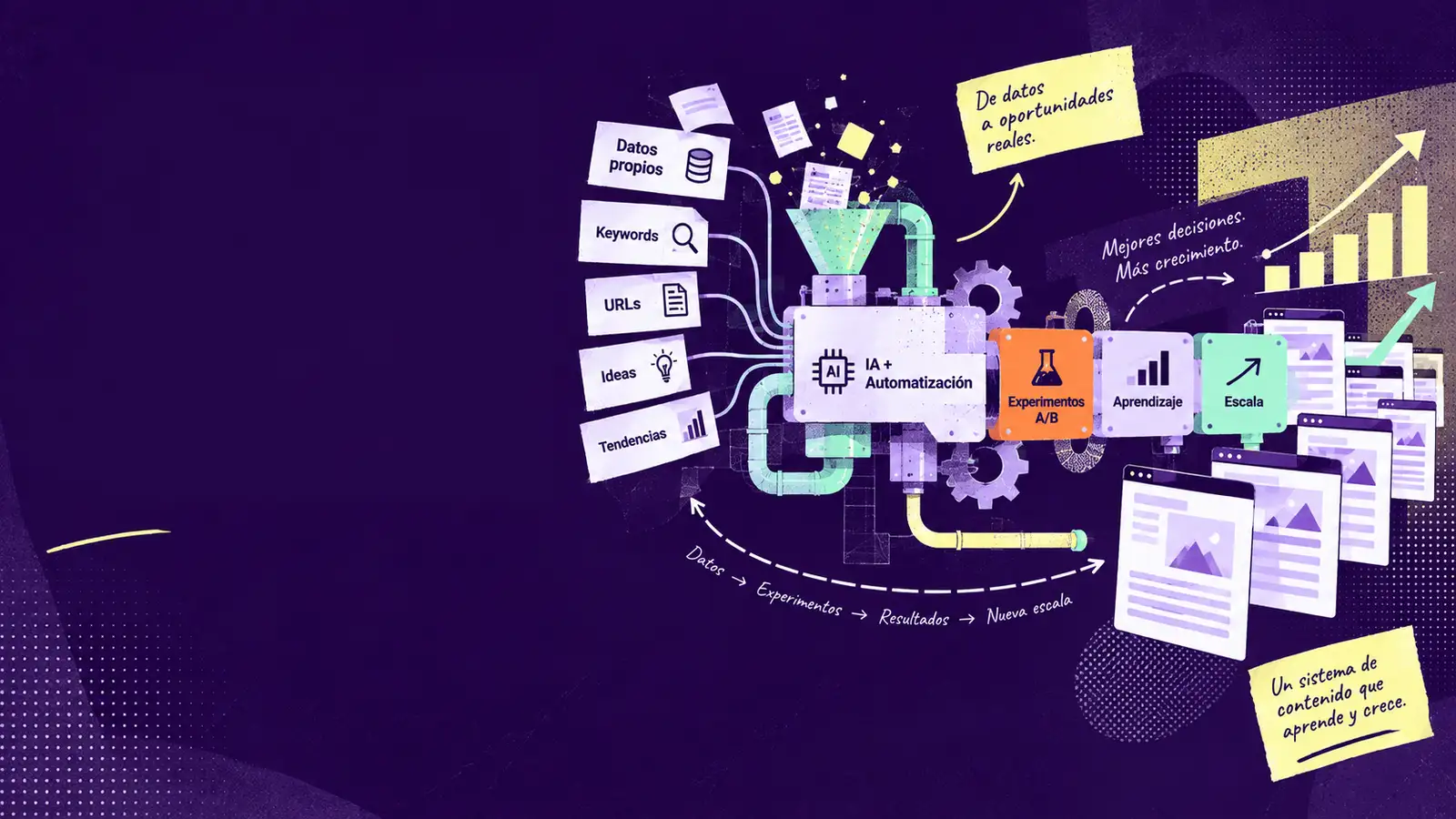 Ilustración editorial sobre Growth SEO que representa un sistema de datos propios, keywords, URLs e ideas conectado con IA, automatización, experimentación A/B, aprendizaje y escalado de contenidos.