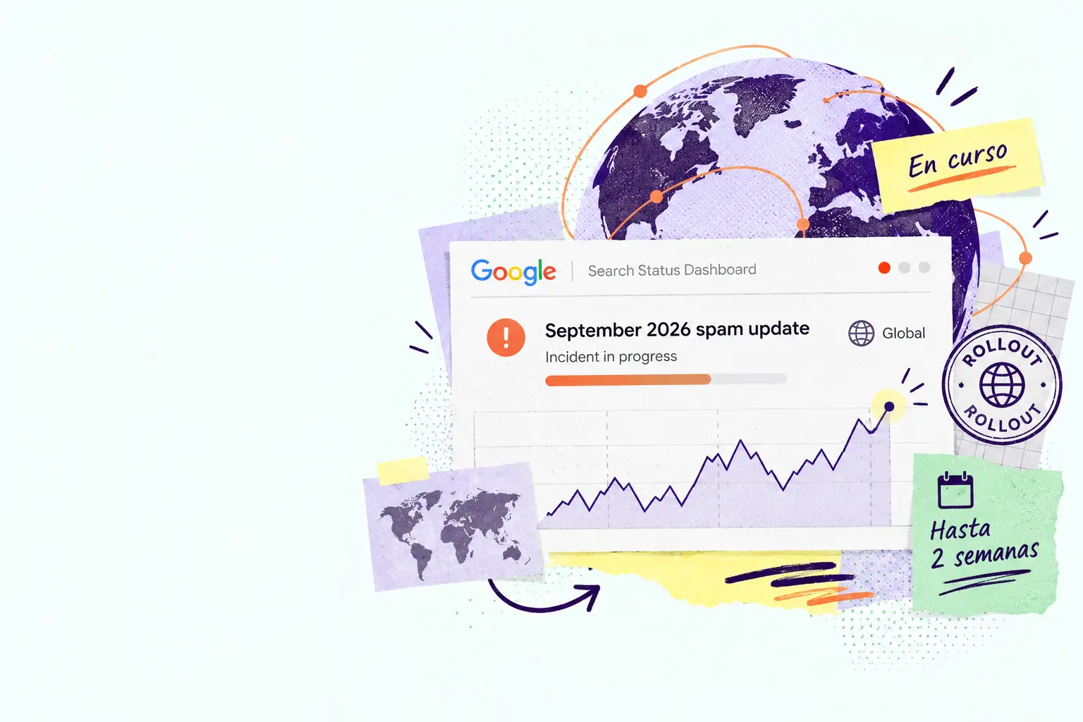 Ilustración editorial sobre el spam update de Google de septiembre de 2026, con un panel de estado en curso, alcance global y una ventana de despliegue de hasta dos semanas.
