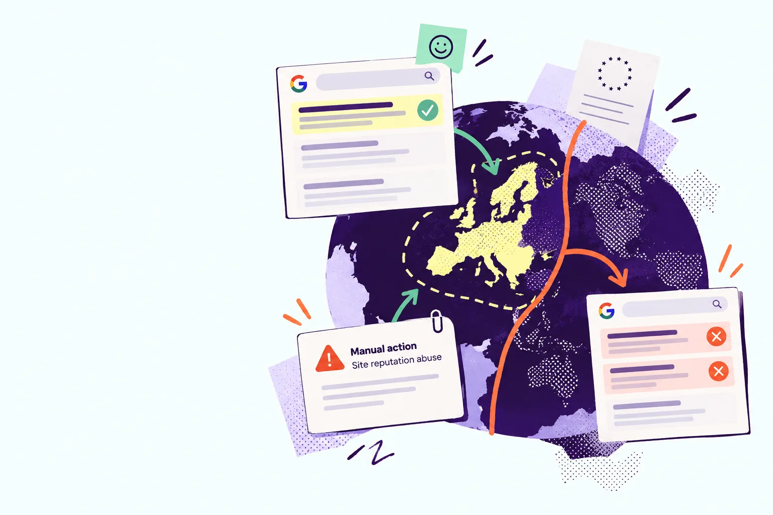 Ilustración editorial que muestra cómo Google deja de aplicar el efecto visible de la penalización por SEO parásito dentro de Europa, mientras fuera del Espacio Económico Europeo la acción manual sigue afectando la visibilidad en los resultados.
