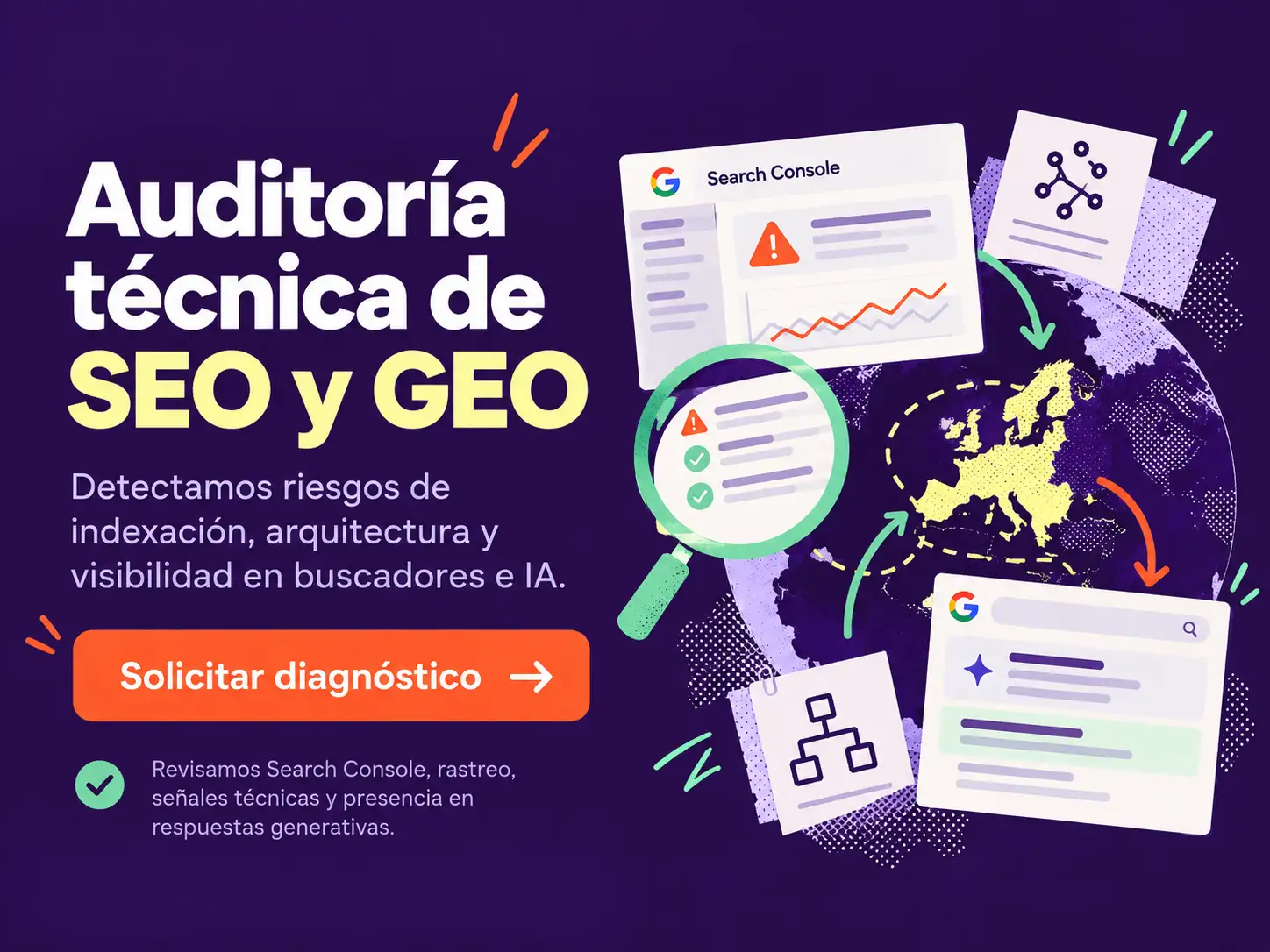 Banner promocional de auditoría técnica de SEO y GEO con elementos de Search Console, arquitectura web, análisis técnico e indexación, orientado a solicitar un diagnóstico de visibilidad en buscadores y sistemas de IA.